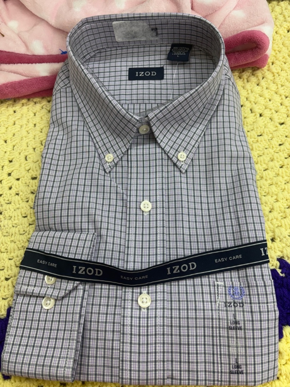 Izod easy care long sleeve button down purple plaid shirt size large-new